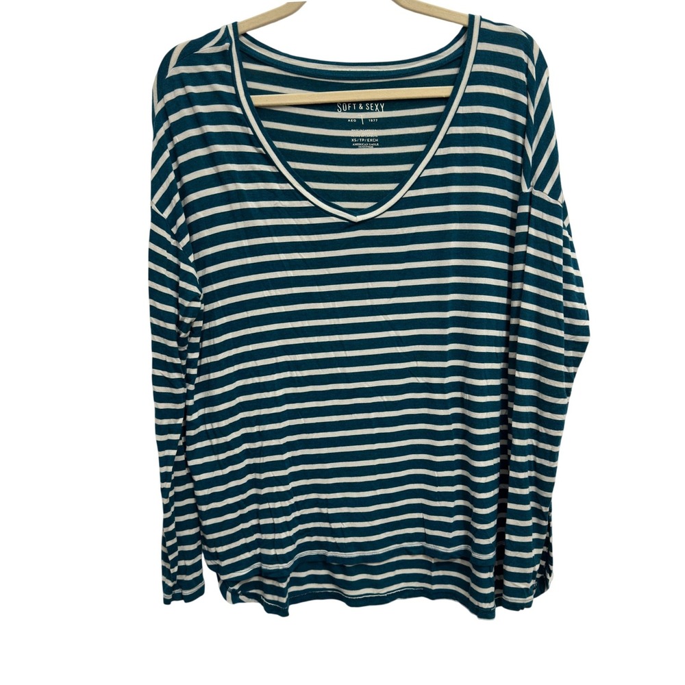 American Eagle Top Long Sleeve Teal White Striped Viscose XS Soft & Sexy V-Neck